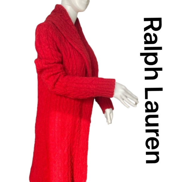 Ralph Lauren Sweaters - RALPH LAUREN Wool Cardigan in Red, extra-long hand knit chunky cable, size Large